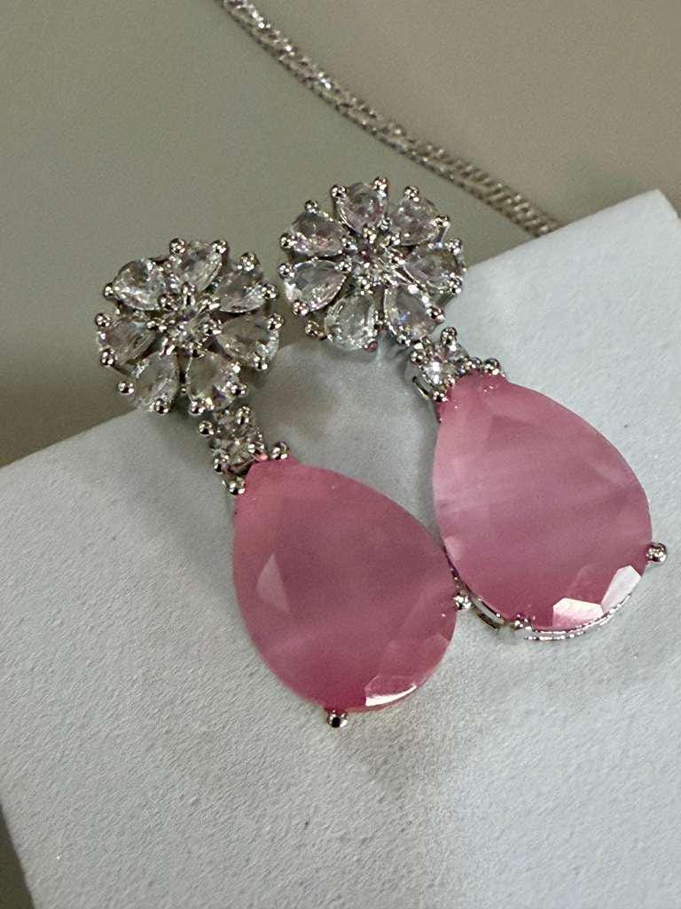 Silver Tone CZ Pendant Necklace Set, Pink Teardrop Bridal Jewelry Set