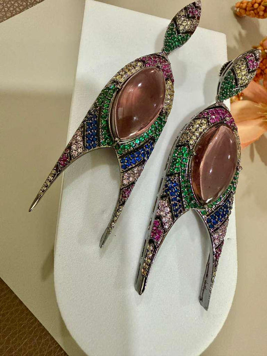 Designer Statement Drop Earrings, Silver Tone CZ Dangle Earrings