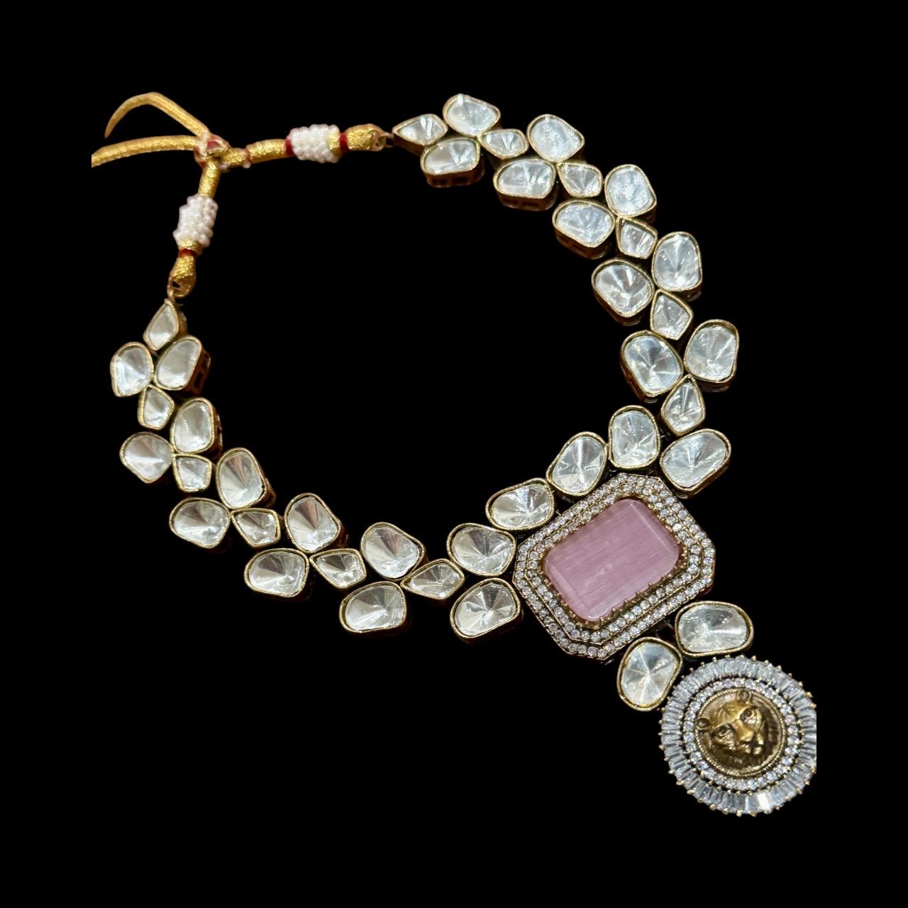 Kundan Polki Bridal wedding Jewelry Set Gold Necklace/Earrings Set.