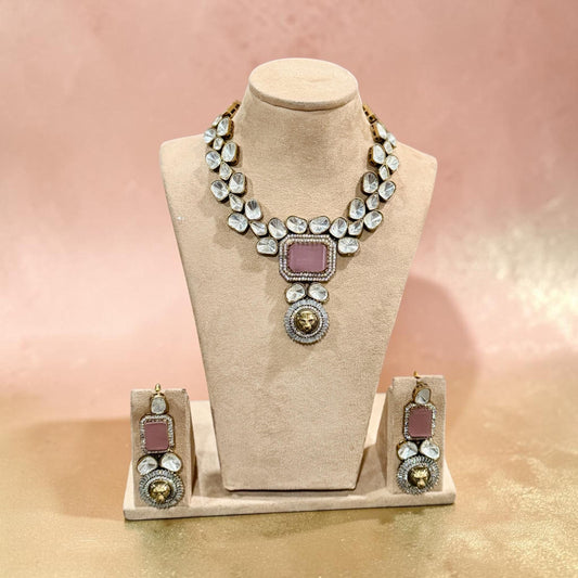 Kundan Polki Bridal wedding Jewelry Set Gold Necklace/Earrings Set.