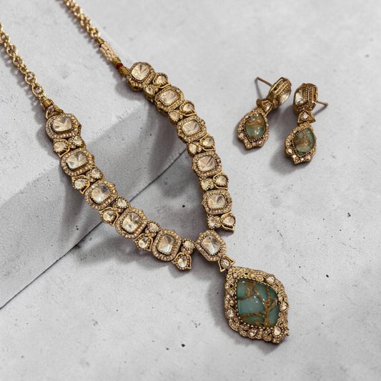 Art Deco Mosaic Pendant Necklace Set, Vintage Statement Jewelry, Crystal Bridal Necklace with Earrings