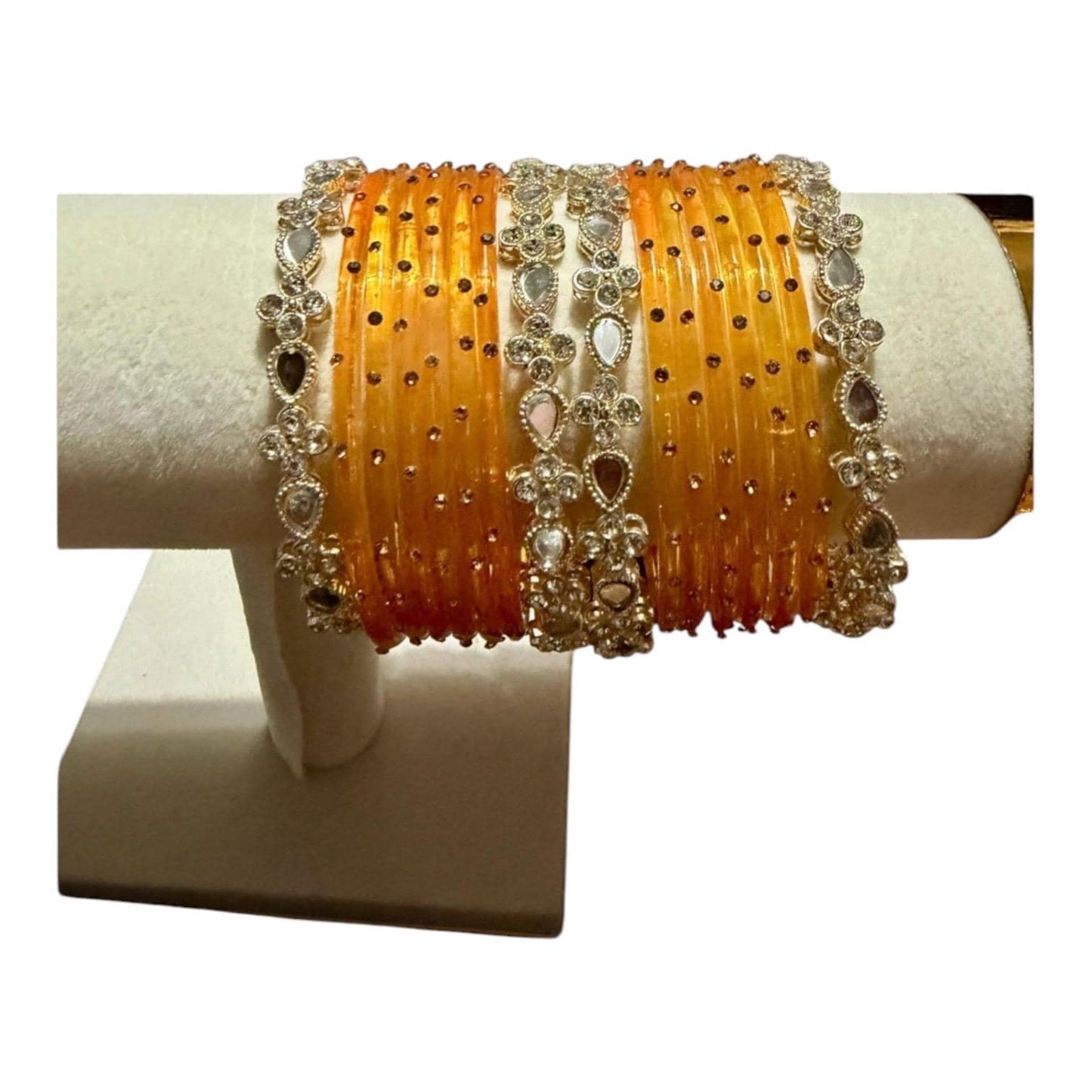 Sunset Orange glass Bangle Set, Crystal Accent Wedding Bangles, Traditional Festival Jewelry for Women