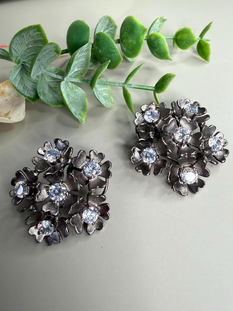 Black Floral Crystal Statement Earrings, Gunmetal Flower Stud Earrings, Modern Party Jewelry Gift.