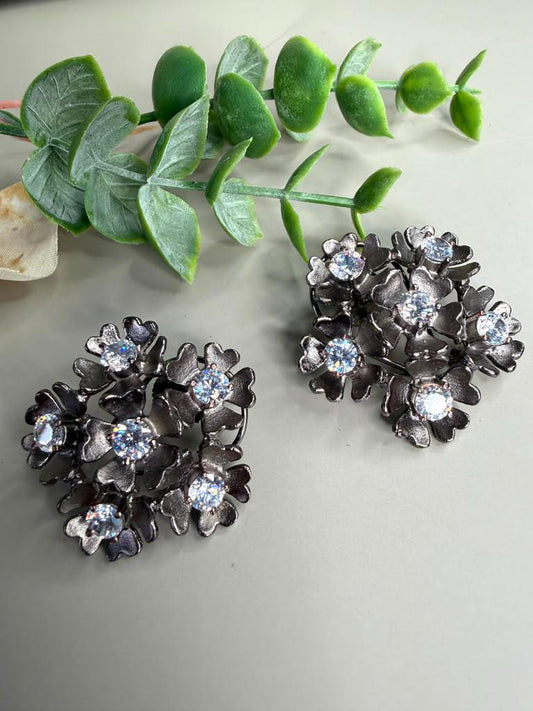 Black Floral Crystal Statement Earrings, Gunmetal Flower Stud Earrings, Modern Party Jewelry Gift.