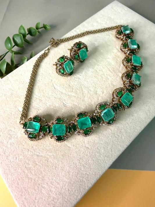 Emerald Green Crystal Statement Necklace Set, Art Deco Evening Jewelry, Wedding Necklace with Earrings