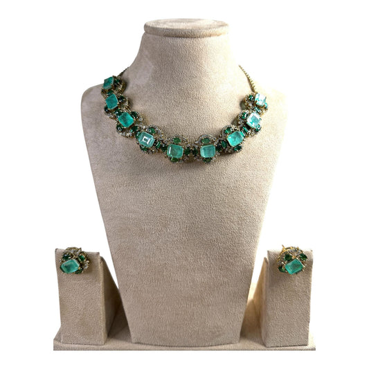 Emerald Green Crystal Statement Necklace Set, Art Deco Evening Jewelry, Wedding Necklace with Earrings
