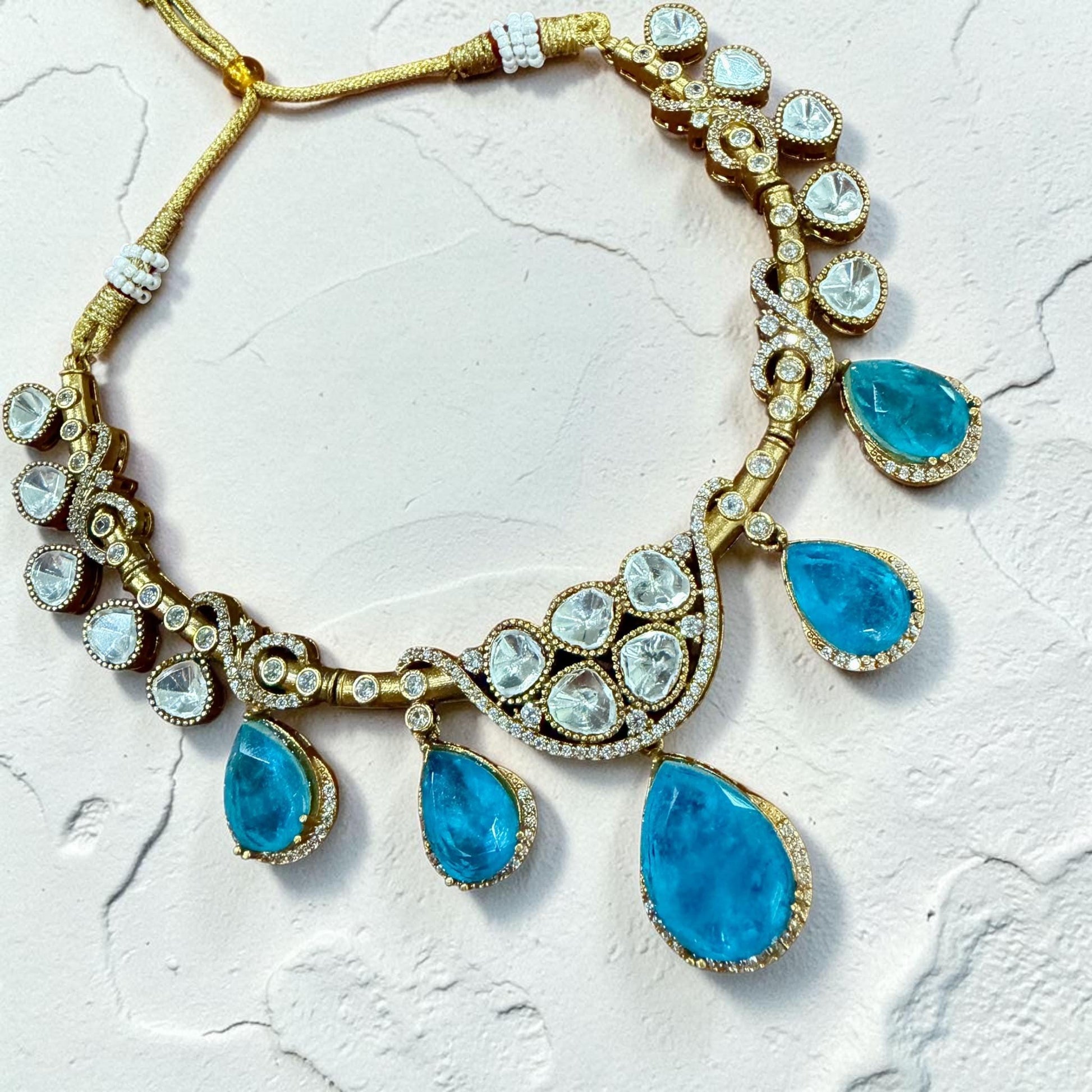 Crystal Statement Necklace Set, Kundan Wedding Jewelry, Pakistani Indian Necklace with Earrings