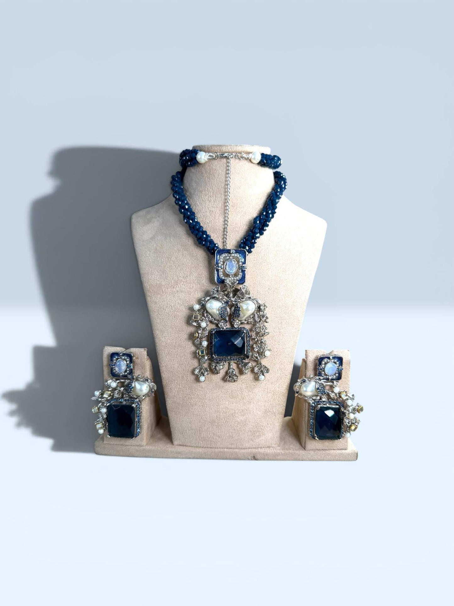 Royal Blue Beaded Statement Necklace Set, Vintage Pearl Pendant Jewelry, Pakistani Indian Wedding Set