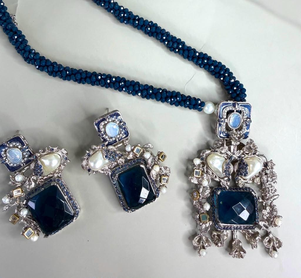 Royal Blue Beaded Statement Necklace Set, Vintage Pearl Pendant Jewelry, Pakistani Indian Wedding Set