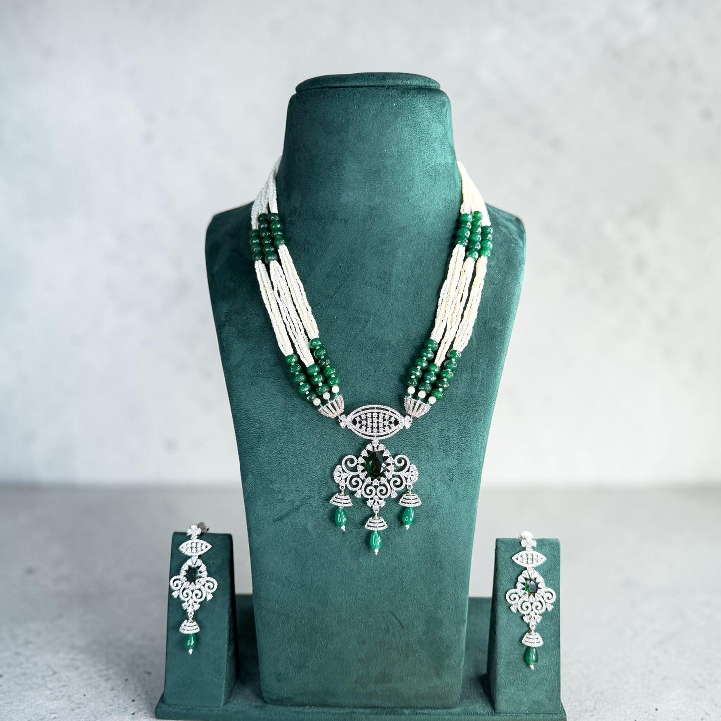 Emerald Green Beaded Pendant Necklace Set, Pearl Layer Wedding Jewelry, Pakistani Indian Statement Set