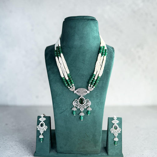 Emerald Green Beaded Pendant Necklace Set, Pearl Layer Wedding Jewelry, Pakistani Indian Statement Set