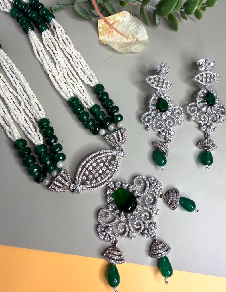 Emerald Green Beaded Pendant Necklace Set, Pearl Layer Wedding Jewelry, Pakistani Indian Statement Set