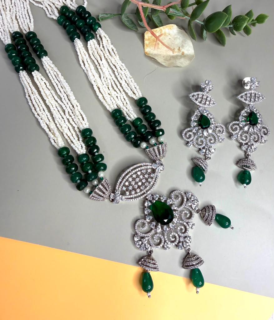 Emerald Green Beaded Pendant Necklace Set, Pearl Layer Wedding Jewelry, Pakistani Indian Statement Set