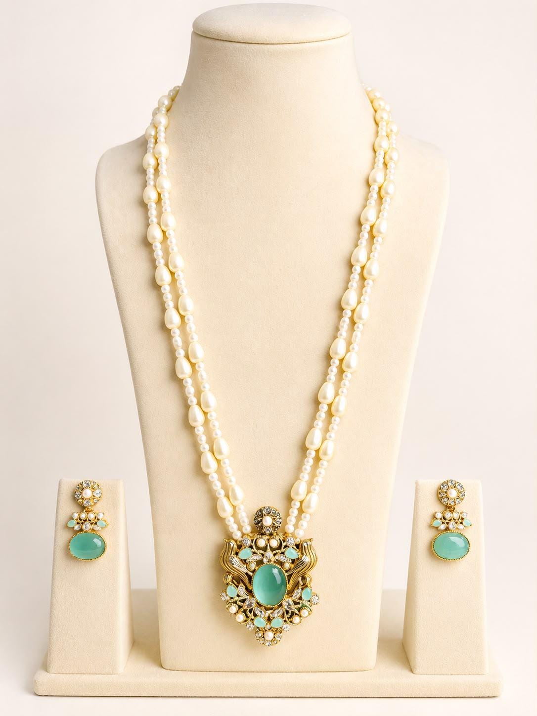 Mint Green Pendant Pearl Necklace Set, Long Layered Wedding Jewelry, Pakistani Indian Statement Necklace
