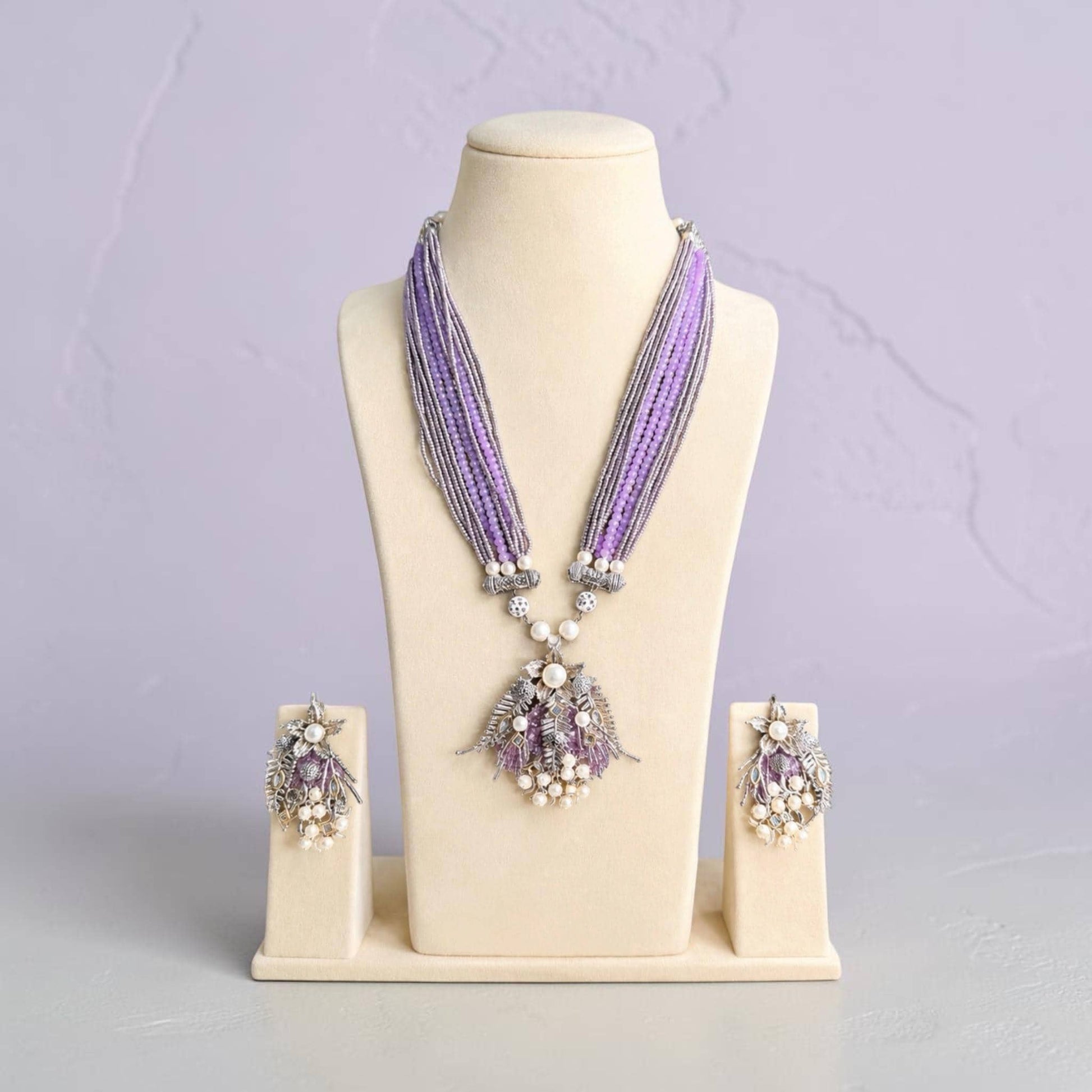 Lavender Beaded Pendant Necklace Set, Vintage Pearl Statement Jewelry, Long Multi Strand Necklace