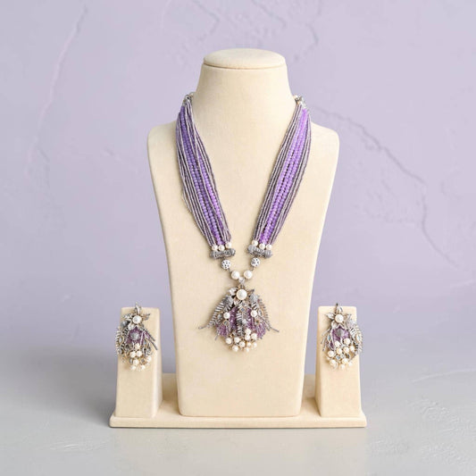 Lavender Beaded Pendant Necklace Set, Vintage Pearl Statement Jewelry, Long Multi Strand Necklace