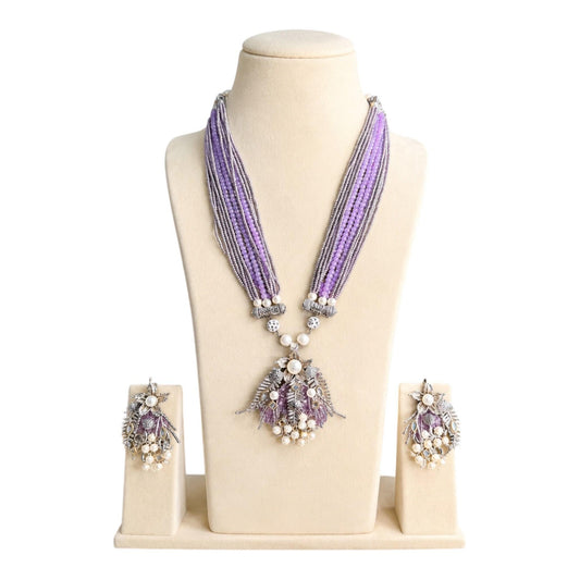 Lavender Beaded Pendant Necklace Set, Vintage Pearl Statement Jewelry, Long Multi Strand Necklace