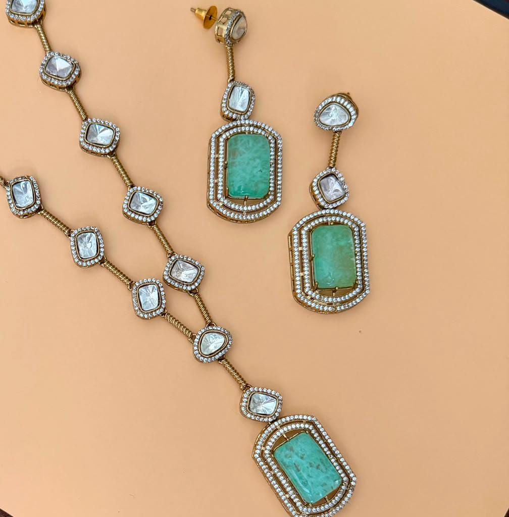 Mint Green Art Deco Pendant Necklace Set, Long Geometric Statement Jewelry, Vintage Inspired