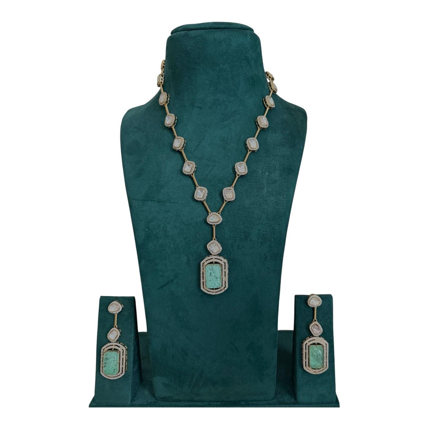 Mint Green Art Deco Pendant Necklace Set, Long Geometric Statement Jewelry, Vintage Inspired