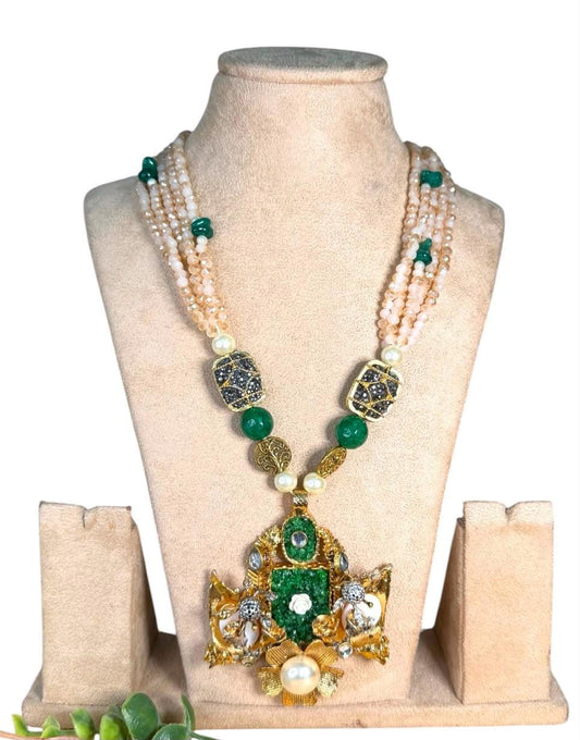 Emerald Maximalist Pendant Necklace, Layered Peach Beaded Statement Jewelry, Artistic Vintage Necklace