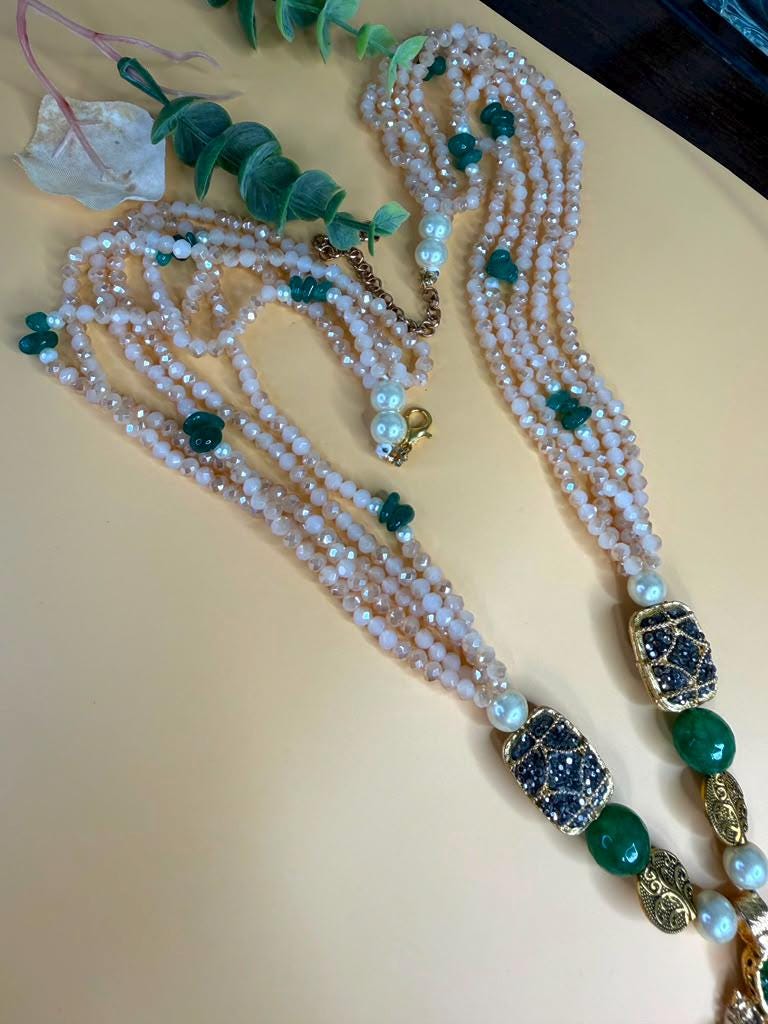 Emerald Maximalist Pendant Necklace, Layered Peach Beaded Statement Jewelry, Artistic Vintage Necklace