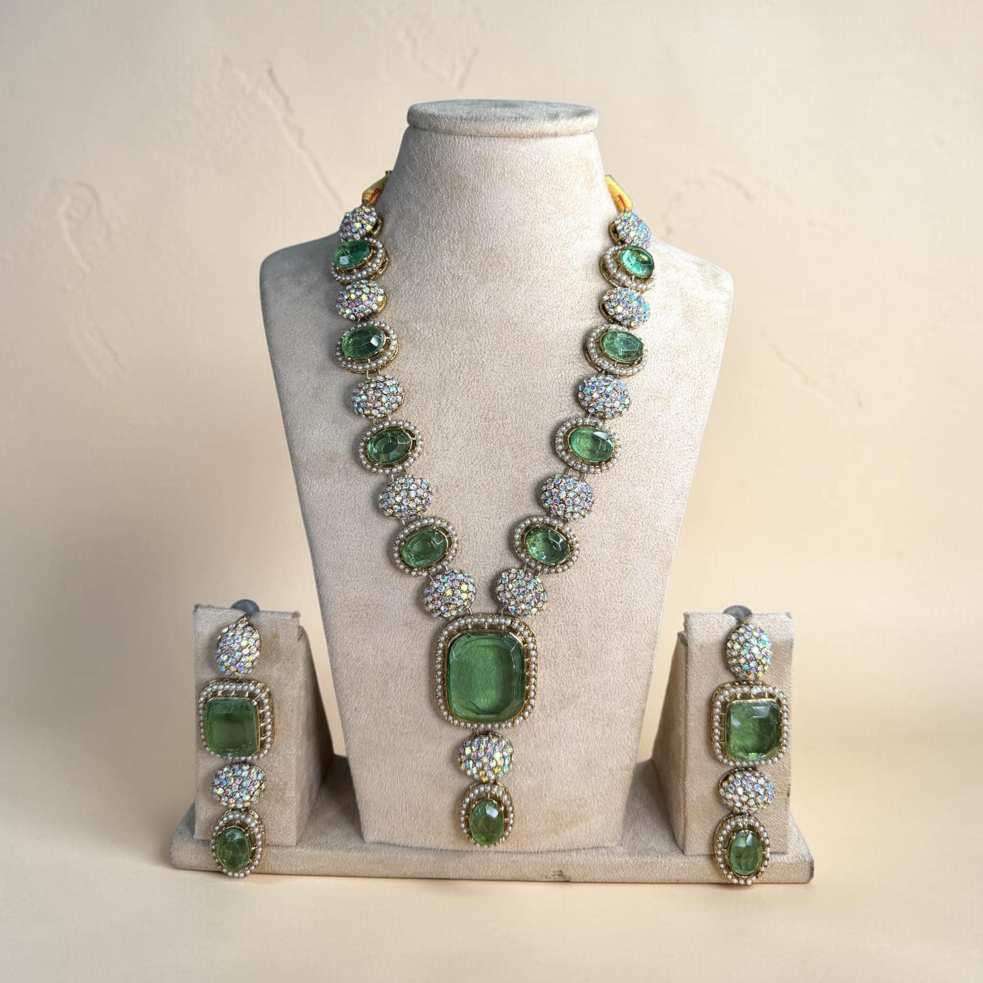 Emerald Crystal Statement Necklace Set, Long Green Wedding Jewelry, Vintage Inspired Pakistani Indian Set