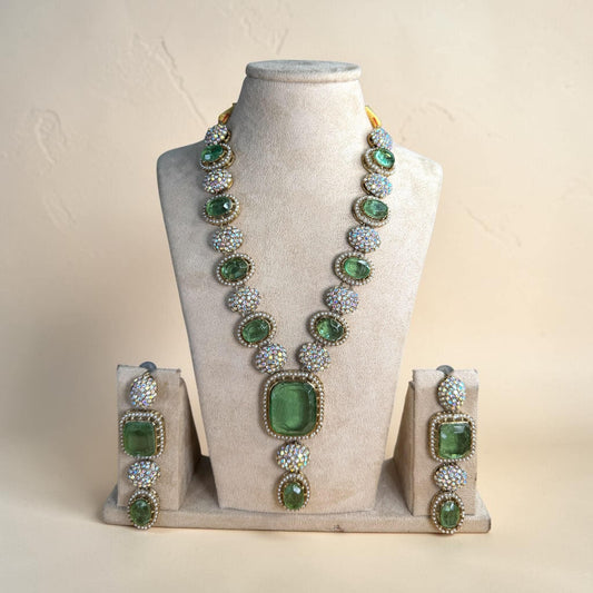 Emerald Crystal Statement Necklace Set, Long Green Wedding Jewelry, Vintage Inspired Pakistani Indian Set