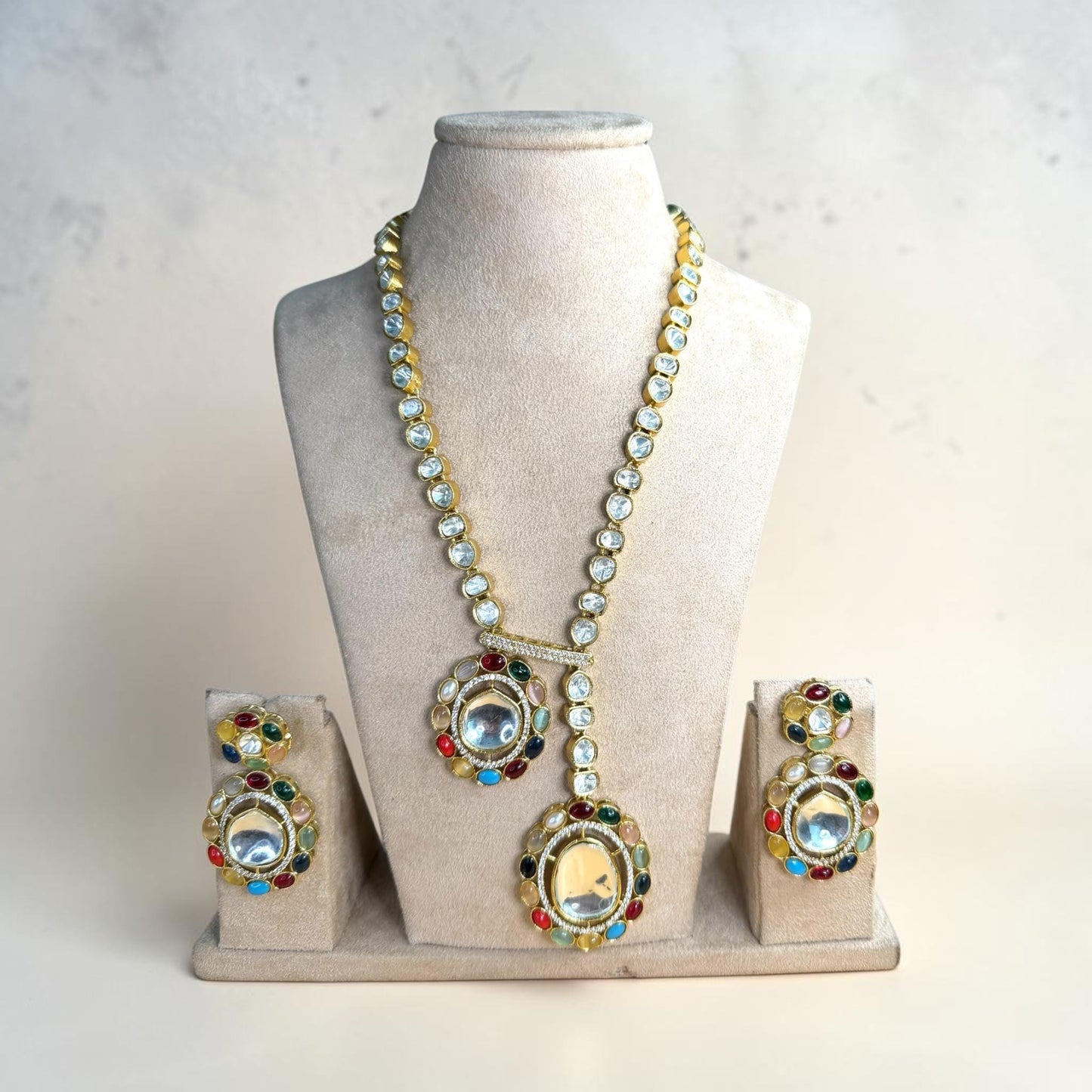 Navratna Kundan Long Necklace, Multicolor Statement Jewelry Set, Indian Pakistani Festive Necklace