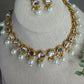 Pearl Drop Kundan Choker Set, Gold Statement Necklace with Earrings, and tikka Indian Pakistani Bridal Jewelry