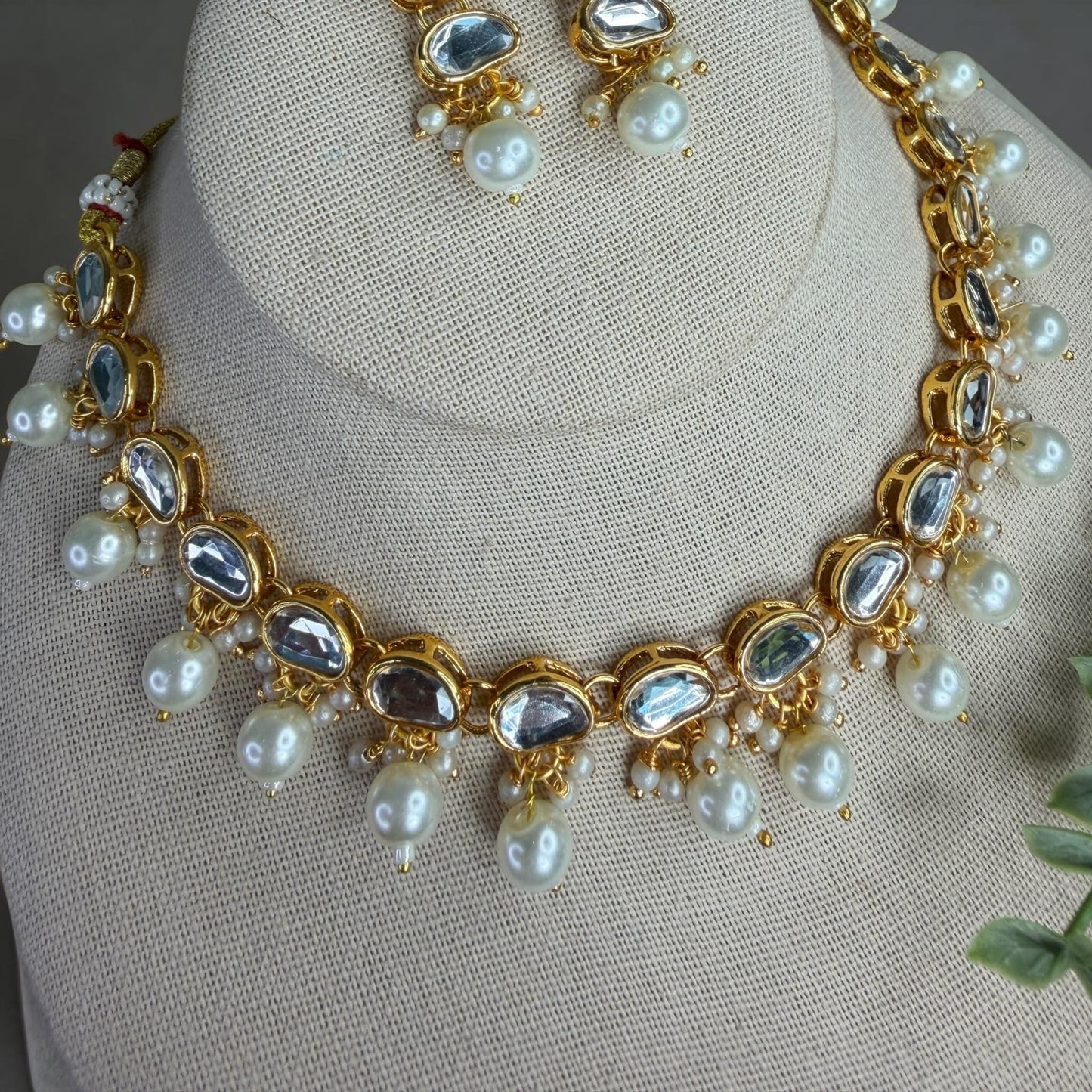 Pearl Drop Kundan Choker Set, Gold Statement Necklace with Earrings, and tikka Indian Pakistani Bridal Jewelry