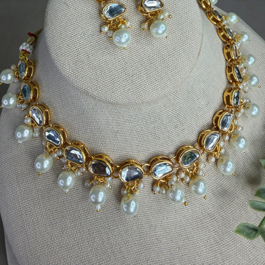 Pearl Drop Kundan Choker Set, Gold Statement Necklace with Earrings, and tikka Indian Pakistani Bridal Jewelry