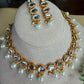 Pearl Drop Kundan Choker Set, Gold Statement Necklace with Earrings, and tikka Indian Pakistani Bridal Jewelry