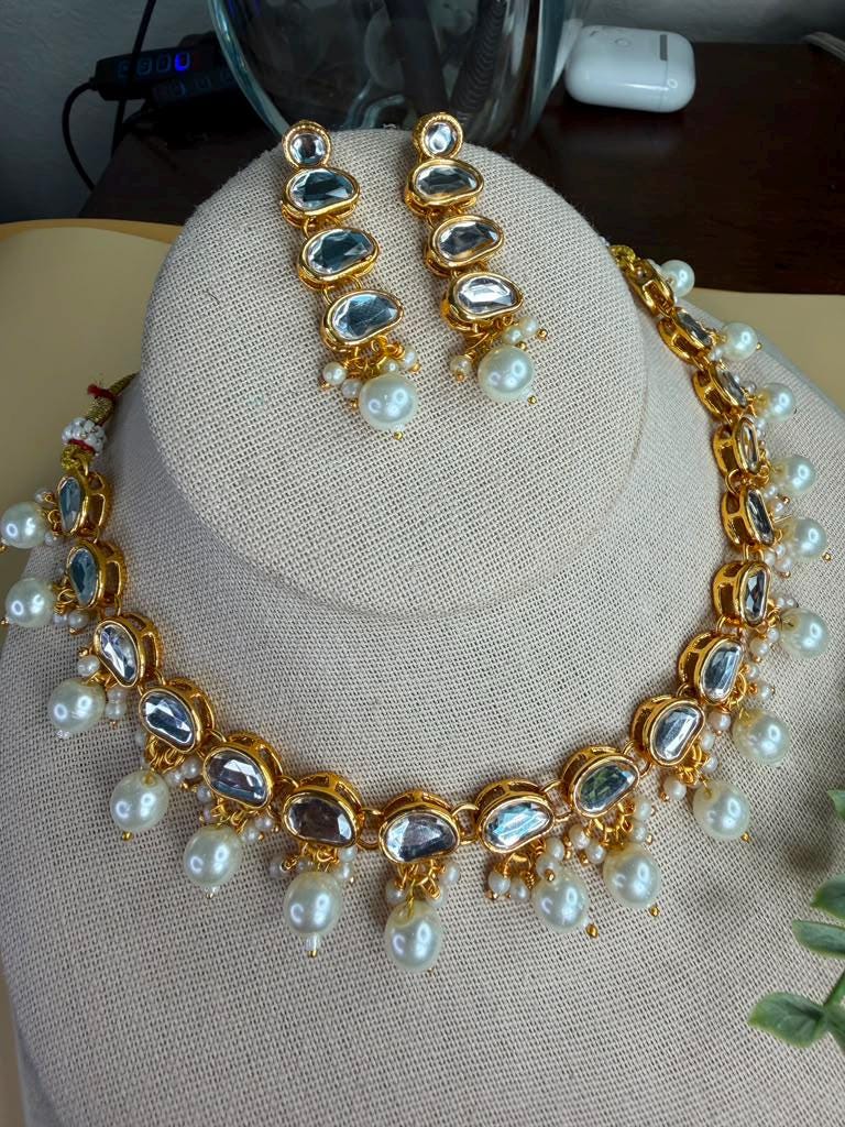 Pearl Drop Kundan Choker Set, Gold Statement Necklace with Earrings, and tikka Indian Pakistani Bridal Jewelry