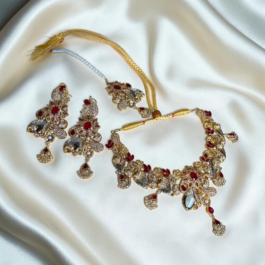 Ruby Bridal Choker Set with Tikka, Red Kundan Necklace Set, Indian Pakistani Wedding Jewelry