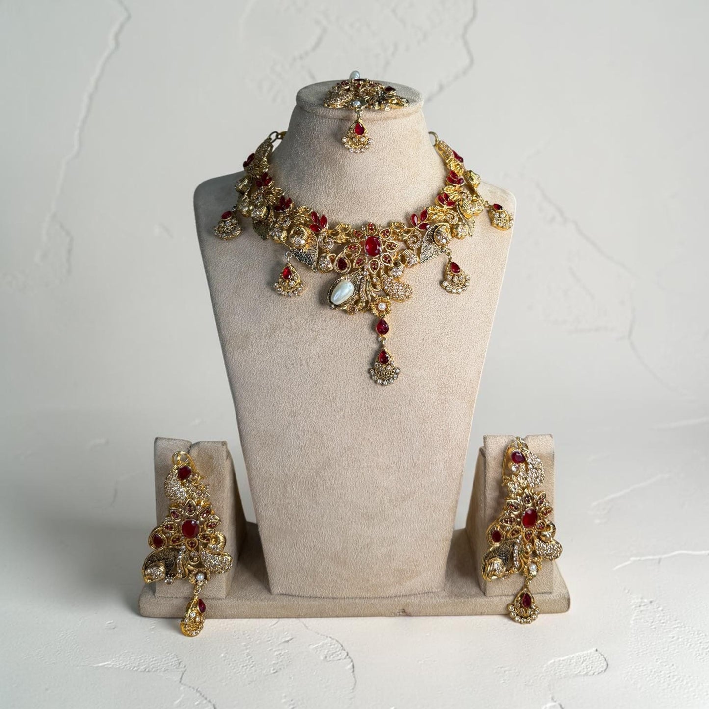 Ruby Bridal Choker Set with Tikka, Red Kundan Necklace Set, Indian Pakistani Wedding Jewelry