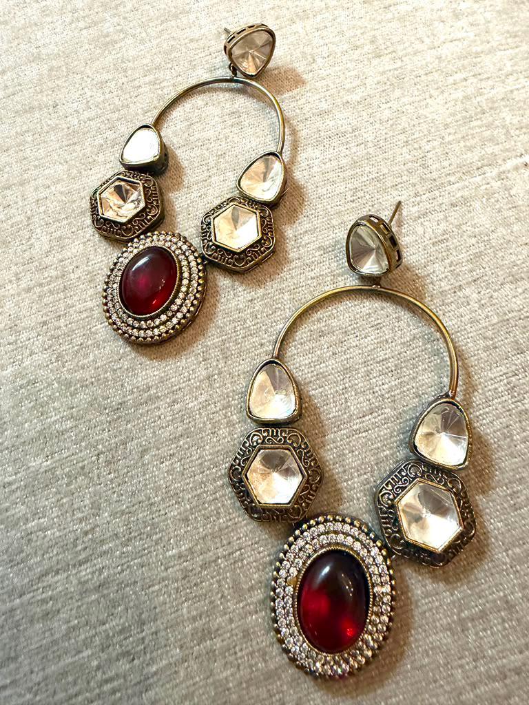 Ruby Crystal Hoop Earrings, Statement Drop Earrings for Women, Vintage Gold Evening Jewelry