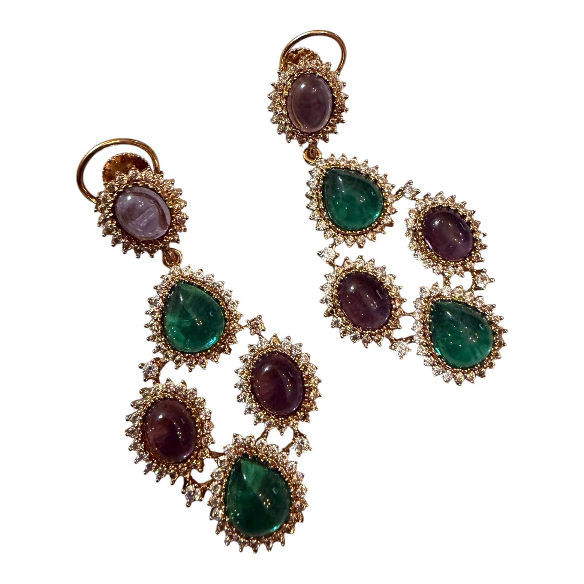 Purple & Emerald Statement Earrings, Vintage Gemstone Drop And Gold Evening Earrings