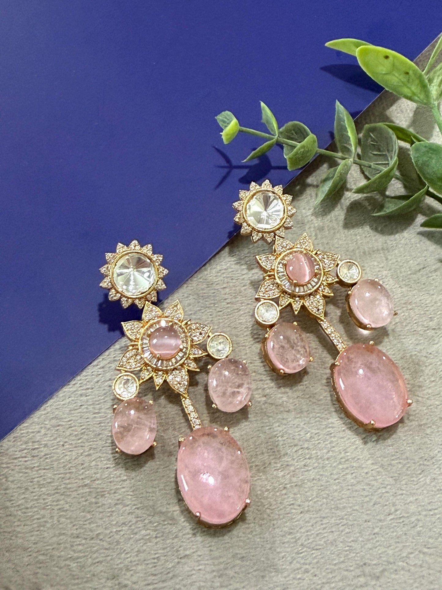 Blue Stone Statement Earrings Gold Tone Drop Earrings