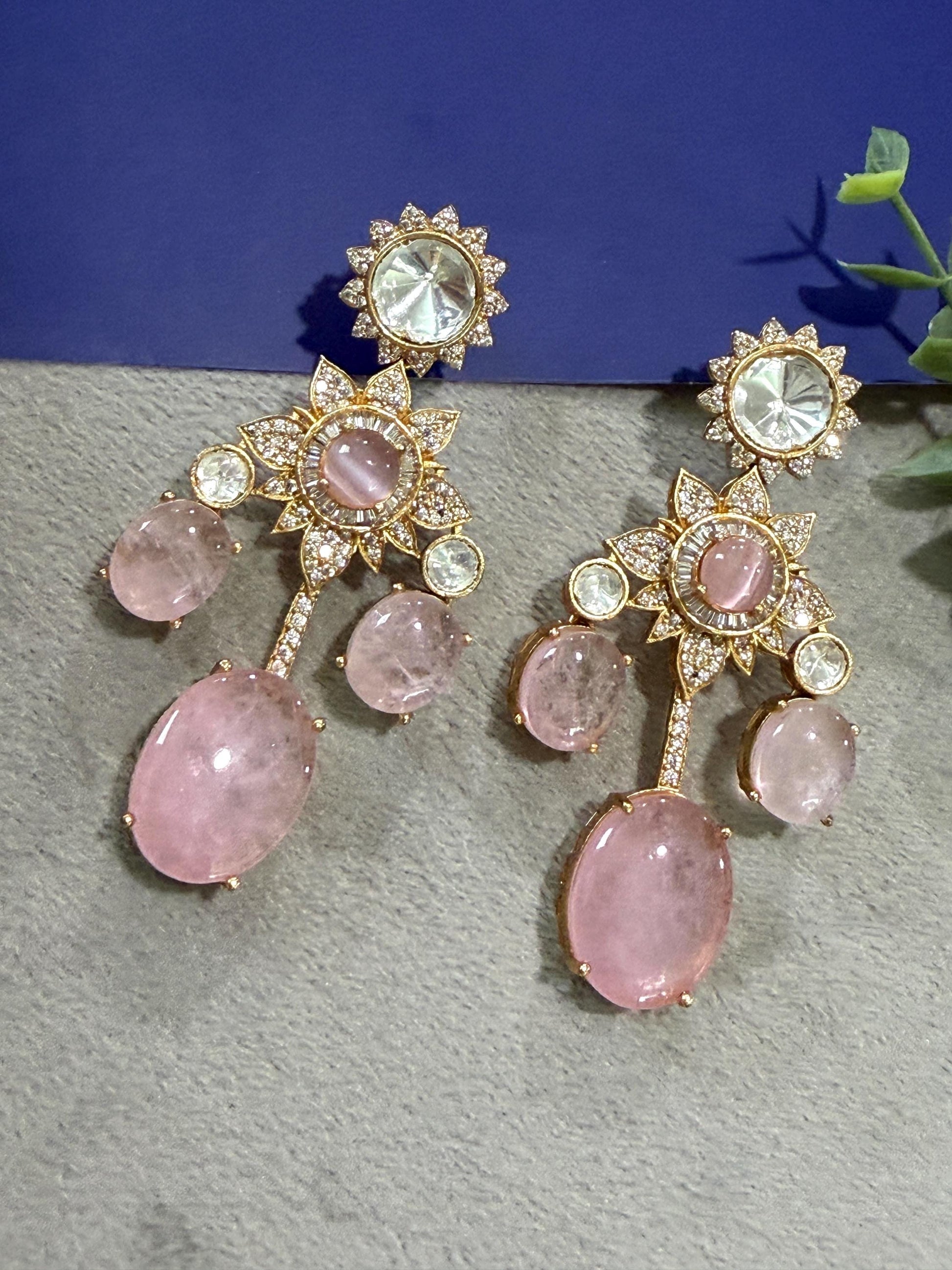 Blue Stone Statement Earrings Gold Tone Drop Earrings