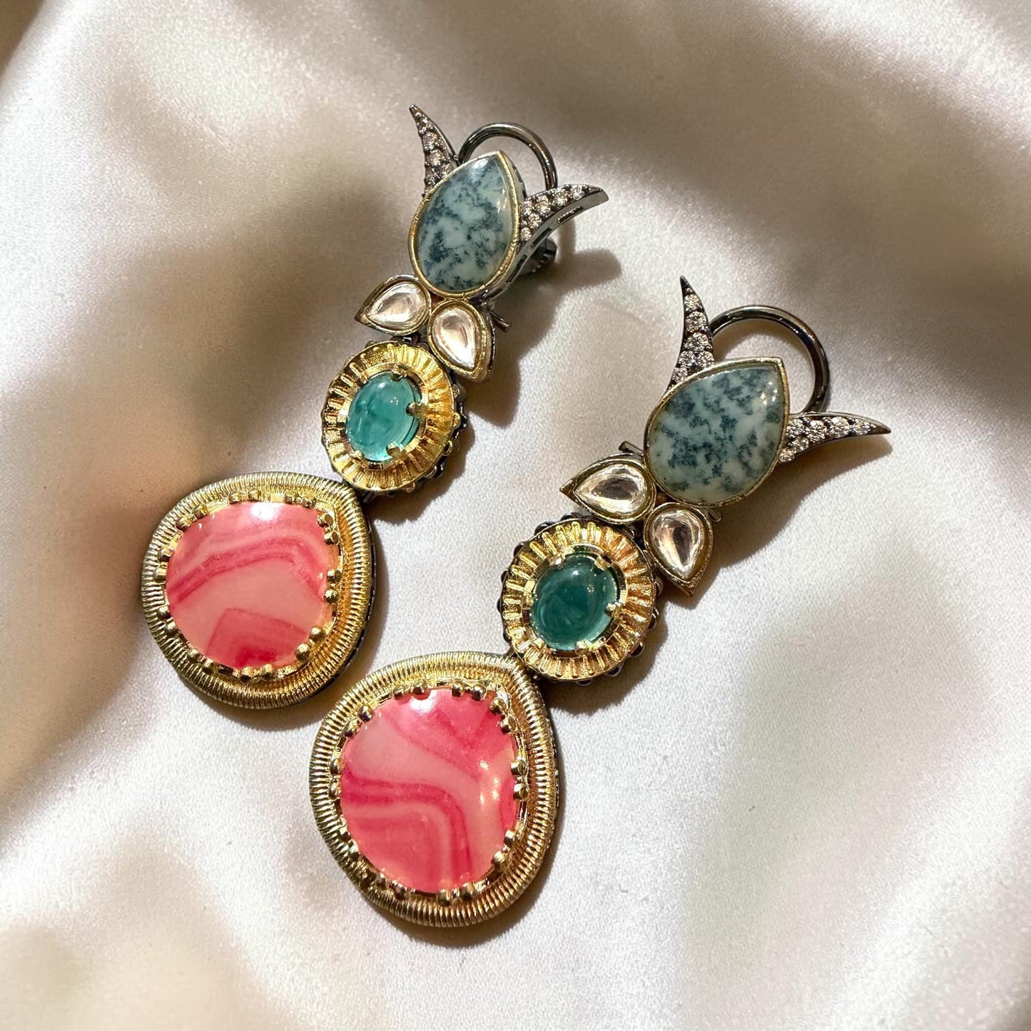 Pink Statement Earrings, Multicolor Gemstone Earrings, Artistic Drop Earrings.