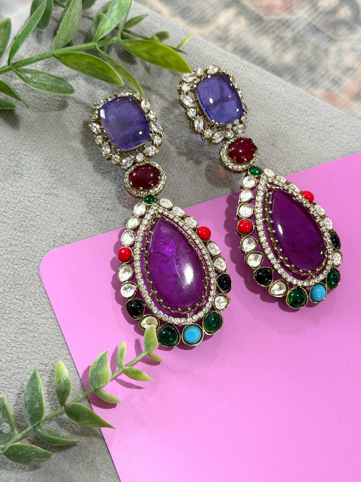 Multi Gemstone Statement Drop Earrings, Gold Plated Luxury Jewelry