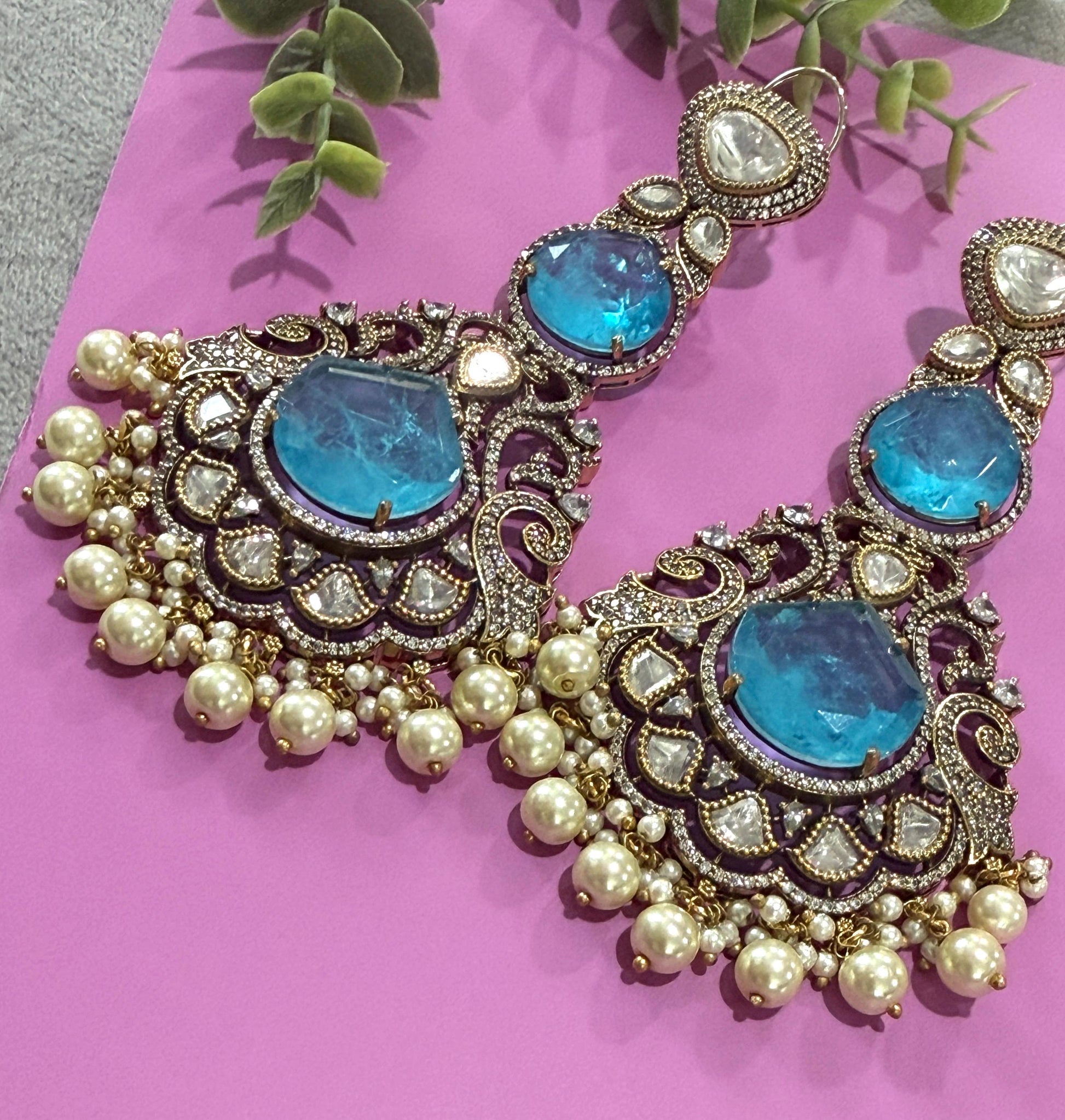 Aqua Green Bridal Earrings Pearl Dangle Statement Earrings bold and beautiful maharani collection