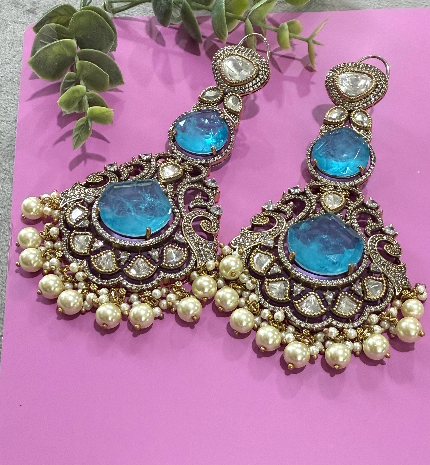 Aqua Green Bridal Earrings Pearl Dangle Statement Earrings bold and beautiful maharani collection