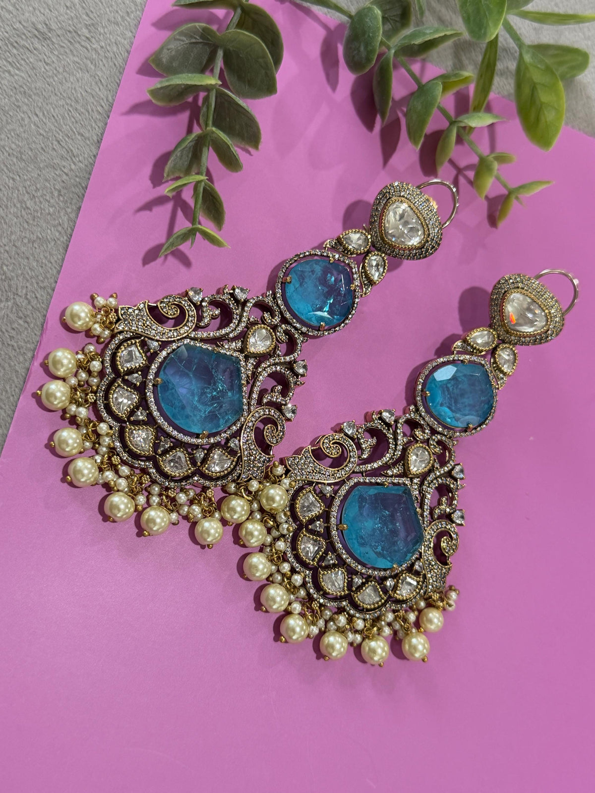 Aqua Green Bridal Earrings Pearl Dangle Statement Earrings bold and beautiful maharani collection