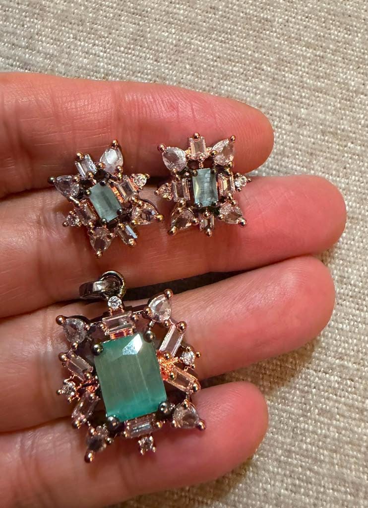 Mint Green Jewelry Set, Pendant Necklace and Stud Earrings Set, with chain Rose Gold Statement