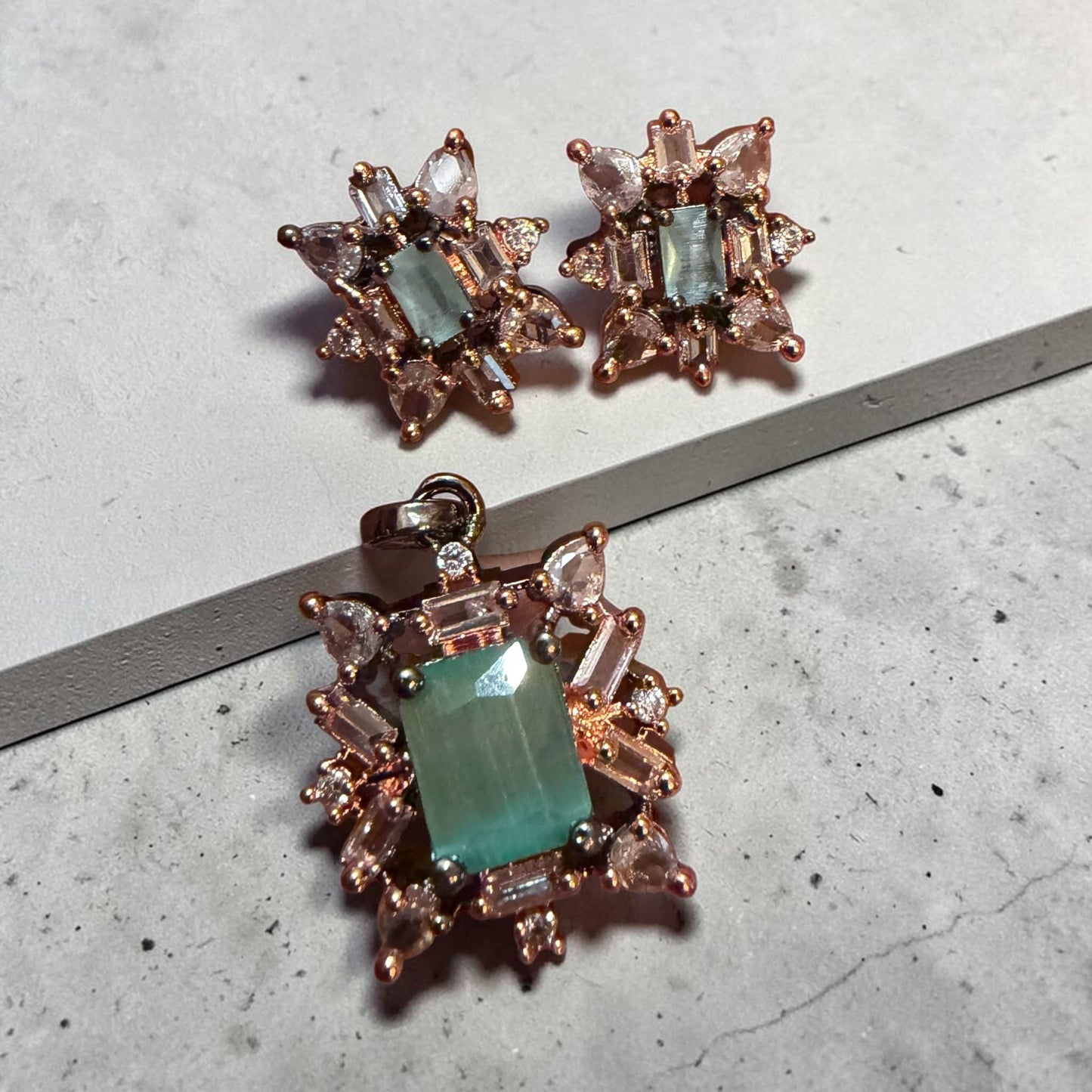 Mint Green Jewelry Set, Pendant Necklace and Stud Earrings Set, with chain Rose Gold Statement