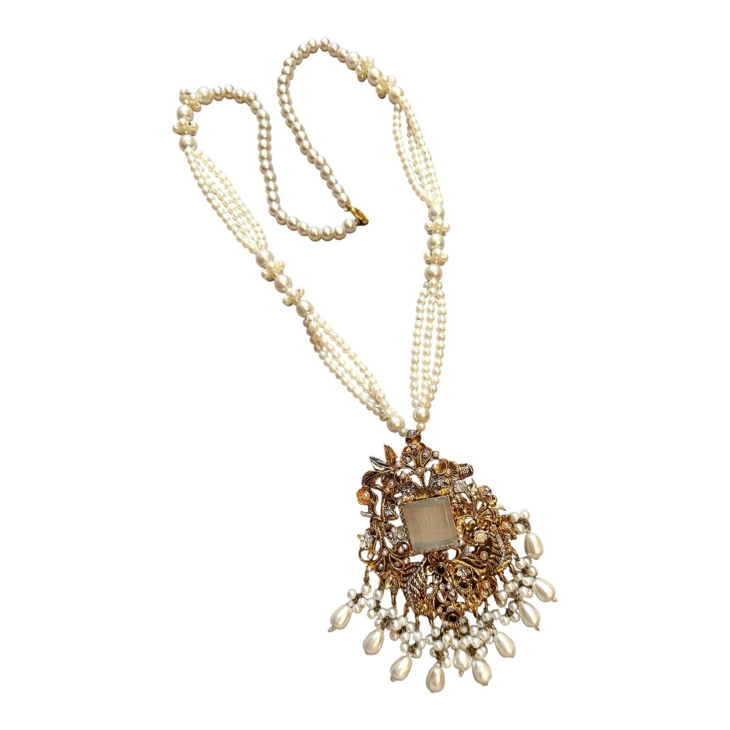 Vintage Pearl Tassel Pendant Necklace, Statement Long Pearl Necklace, Floral Filigree