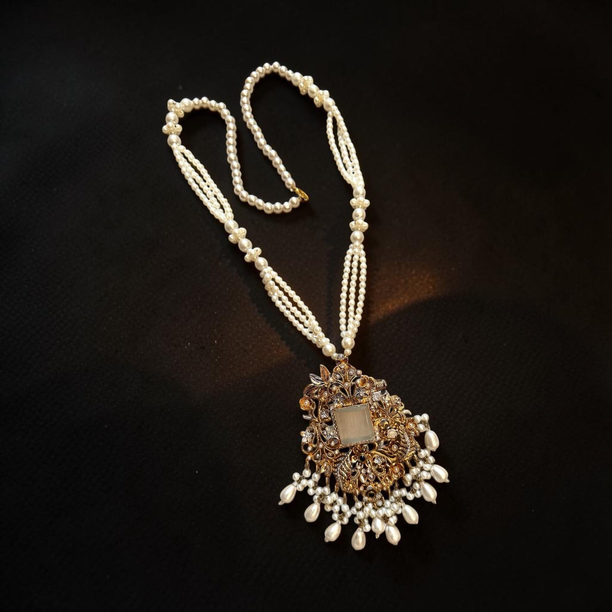 Vintage Pearl Tassel Pendant Necklace, Statement Long Pearl Necklace, Floral Filigree