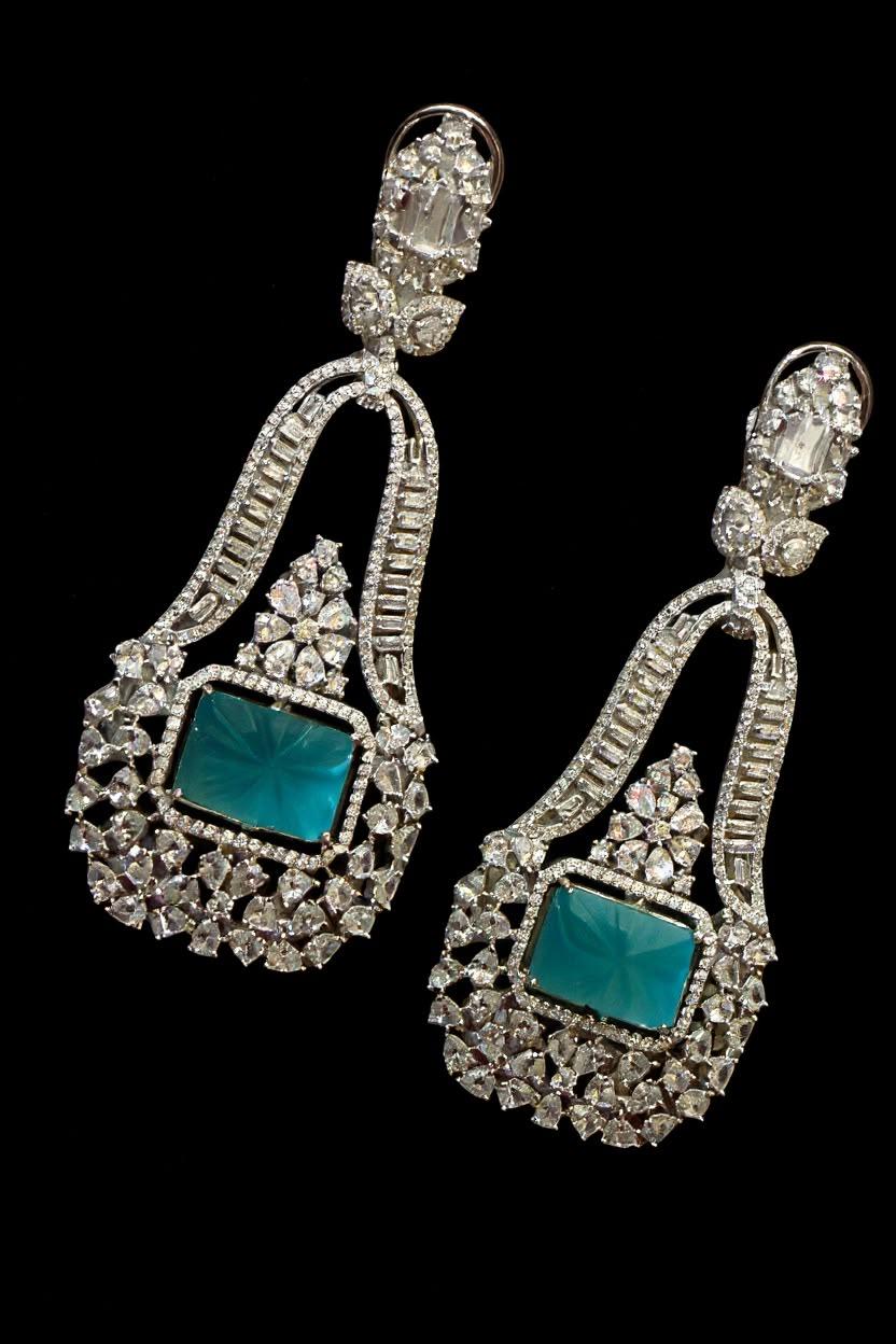 Turquoise American daimond Statement Earrings, Art Deco Drop Earrings, Blue Stone