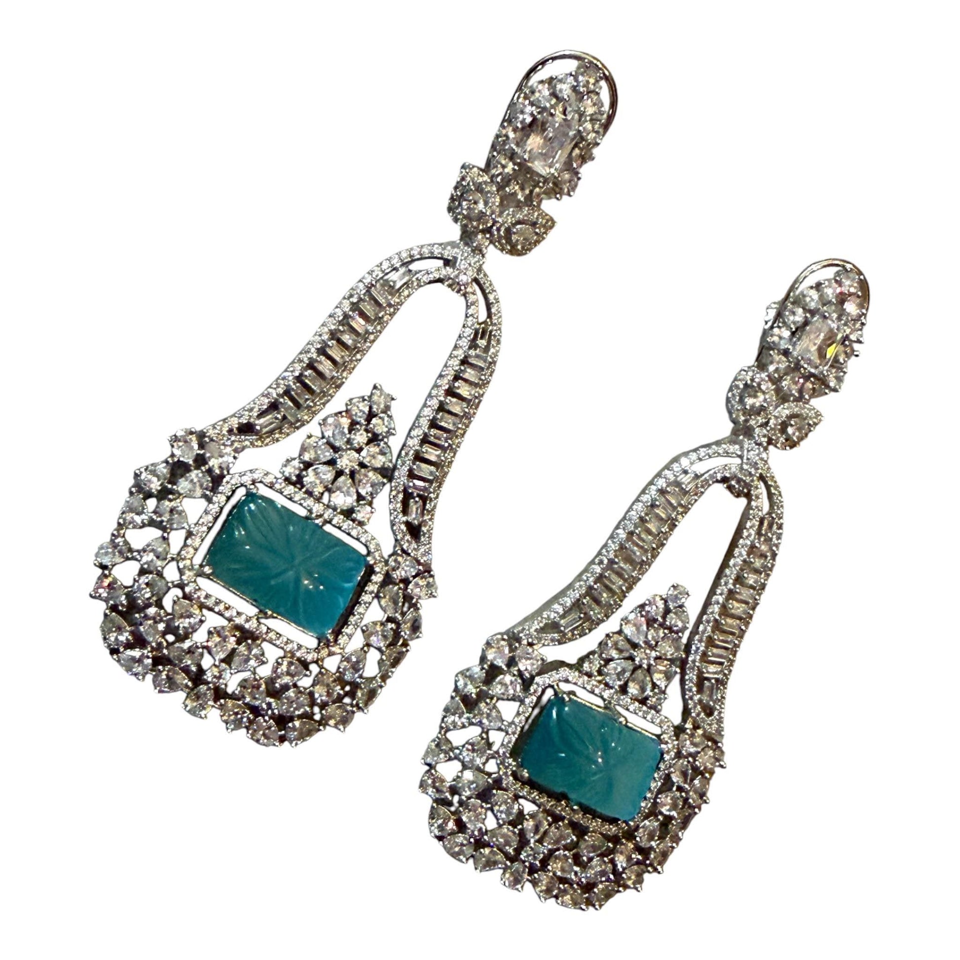 Turquoise American daimond Statement Earrings, Art Deco Drop Earrings, Blue Stone